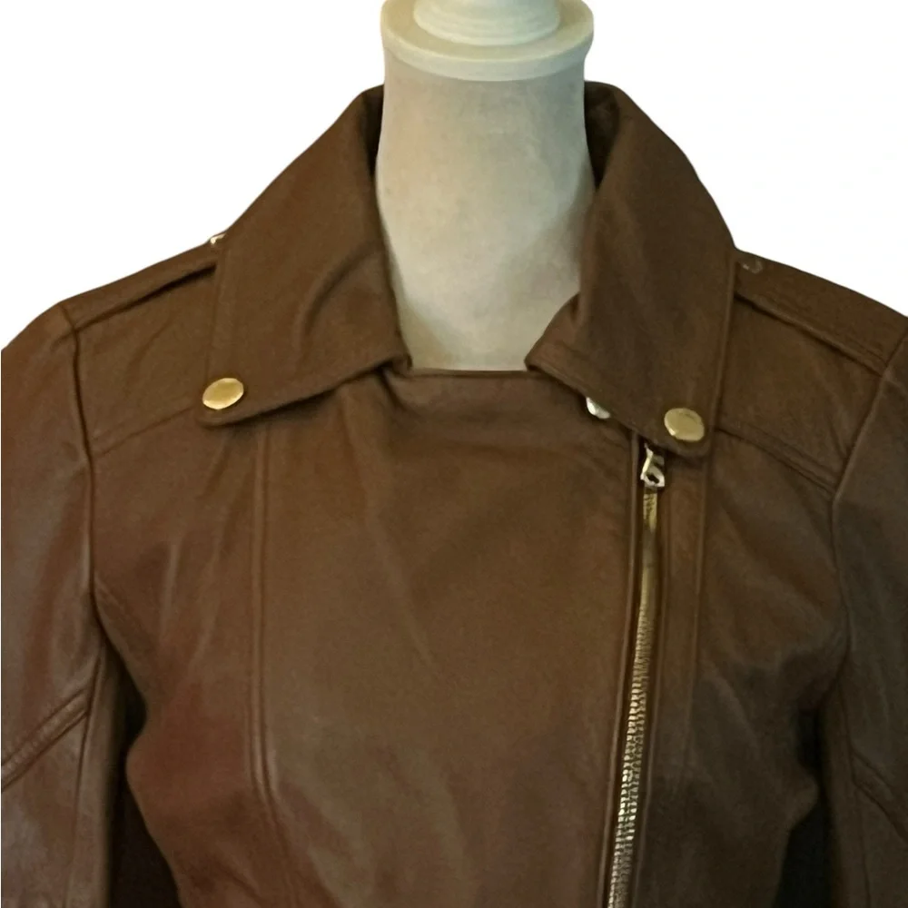 GUESS BROWN LEATHER GOLD TRIM MOTO JACKET GREAT CONDITION SIZE XS